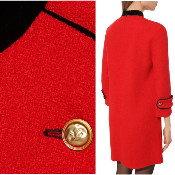 GUCCI DRESS VELVET TRIM RETRO RED TWEED WOOL BLEND sz IT 40 US 4 - Picture 6 of 13